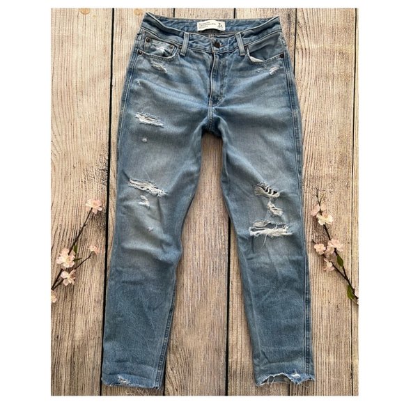Abercrombie & Fitch Denim - B1 — ABERCROMBIE & FITCH blue high rise destroyed girlfriend denim jeans 2R